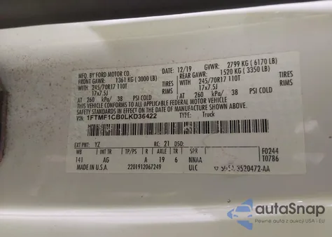 2020 Ford F-150 Xl from USA, damaged, VIN 1FTMF1CB0LKD36422